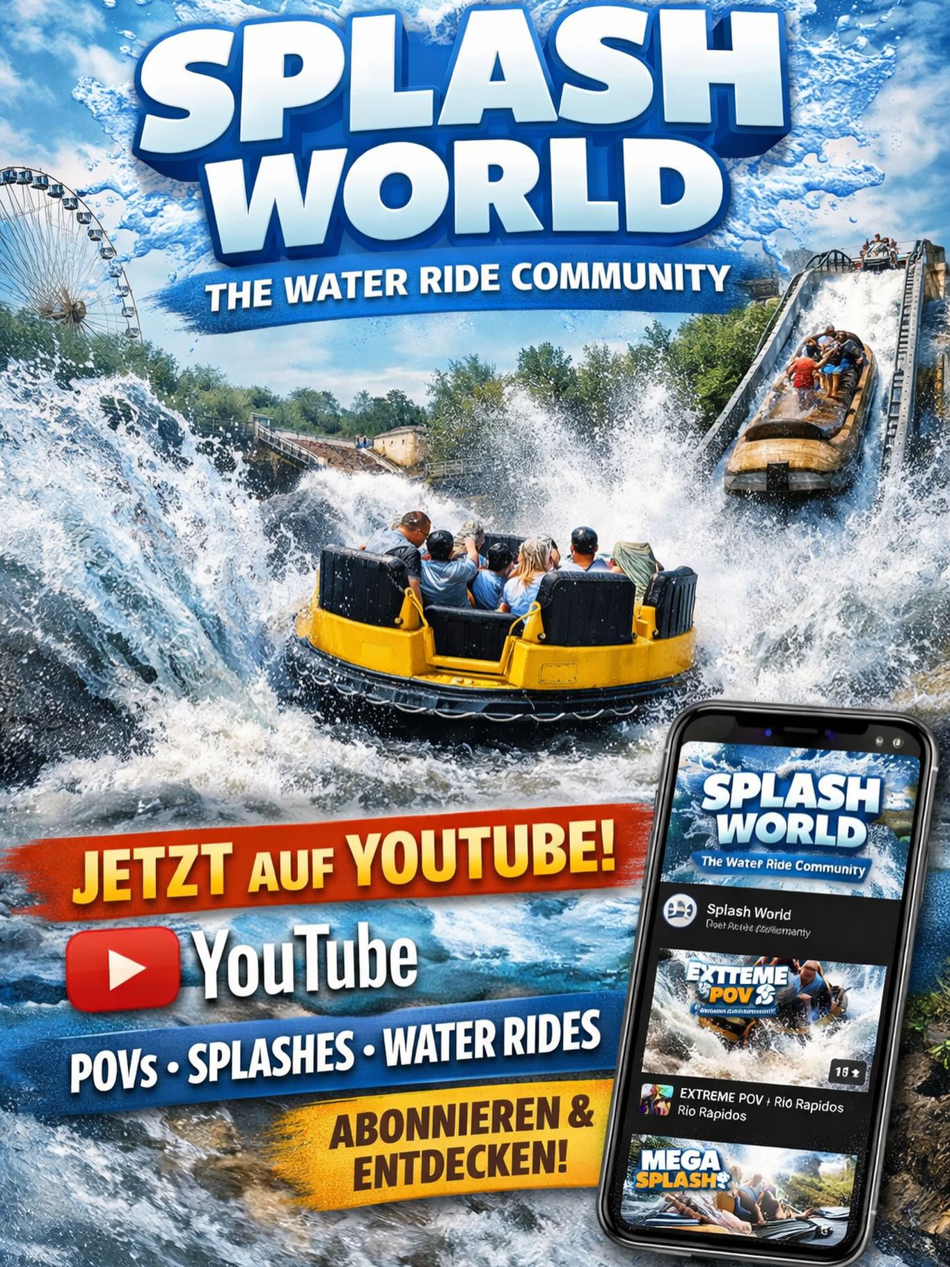 Our new YouTube Channel is online. Come along enjoy our splash videos, subscribe and become a part of our Community the wettest place on the web. Prepare to get soaked. #wildwaterride #themepark #funfair #splash #soaked